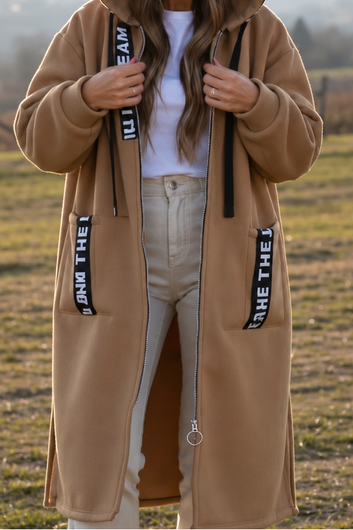 Camel knee length hooded zip sweatshirt coat with tape trims
