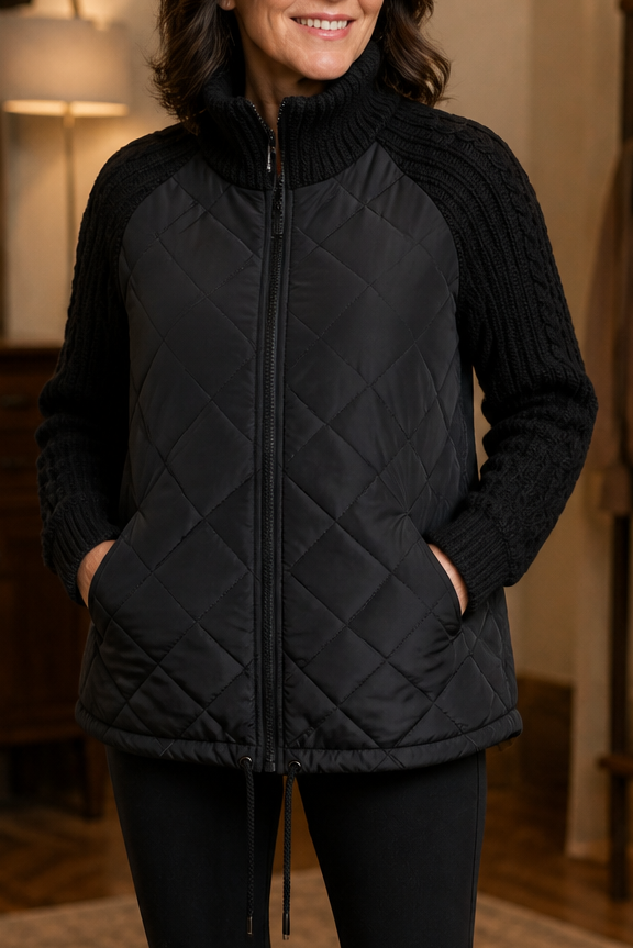 Black quilted jacket with cable knit sleeves and side pockets