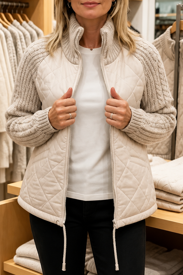 Cream quilted jacket with cable knit sleeves and a stand collar