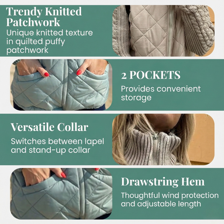 Feature panel showing the knitted patchwork, pockets, collar and drawstring hem