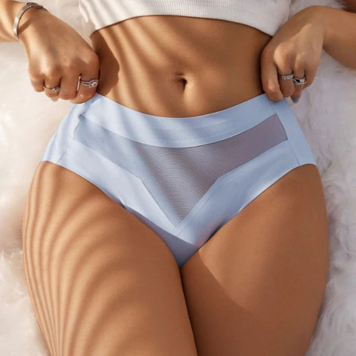 Pale blue briefs with a sheer mesh front panel