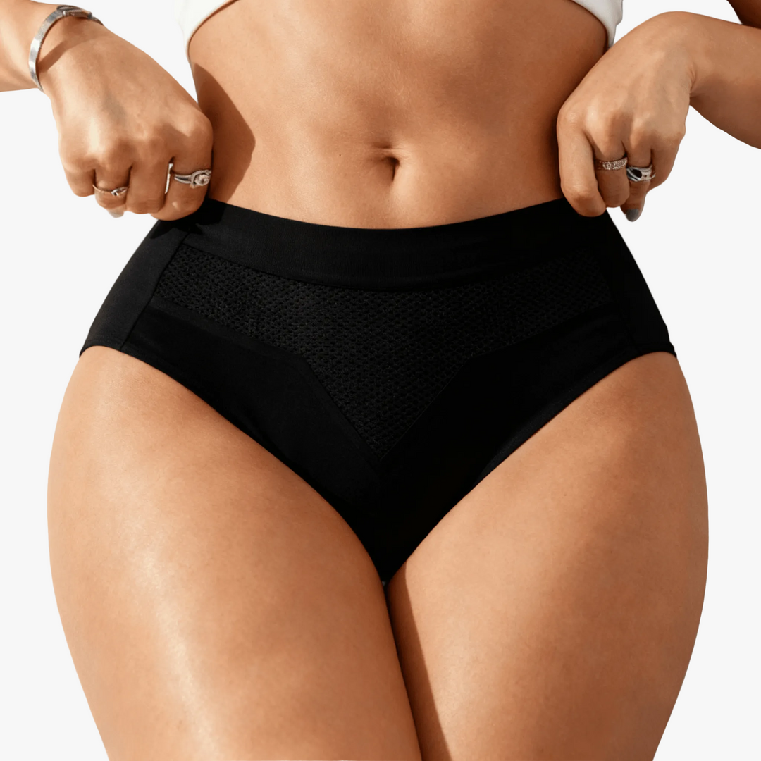Black briefs with a perforated quick-dry front panel