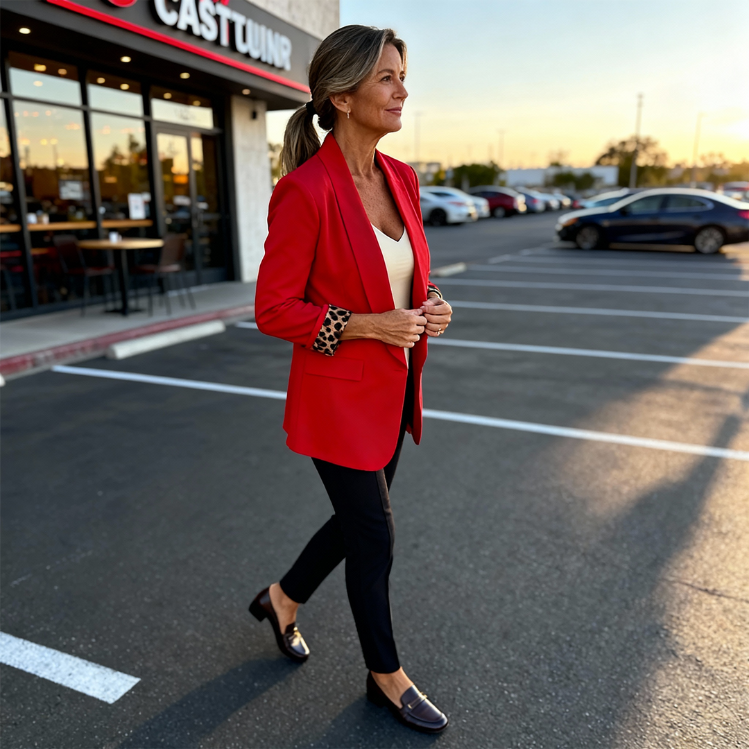 Woman in a car park in a red leopard lined cuff blazer