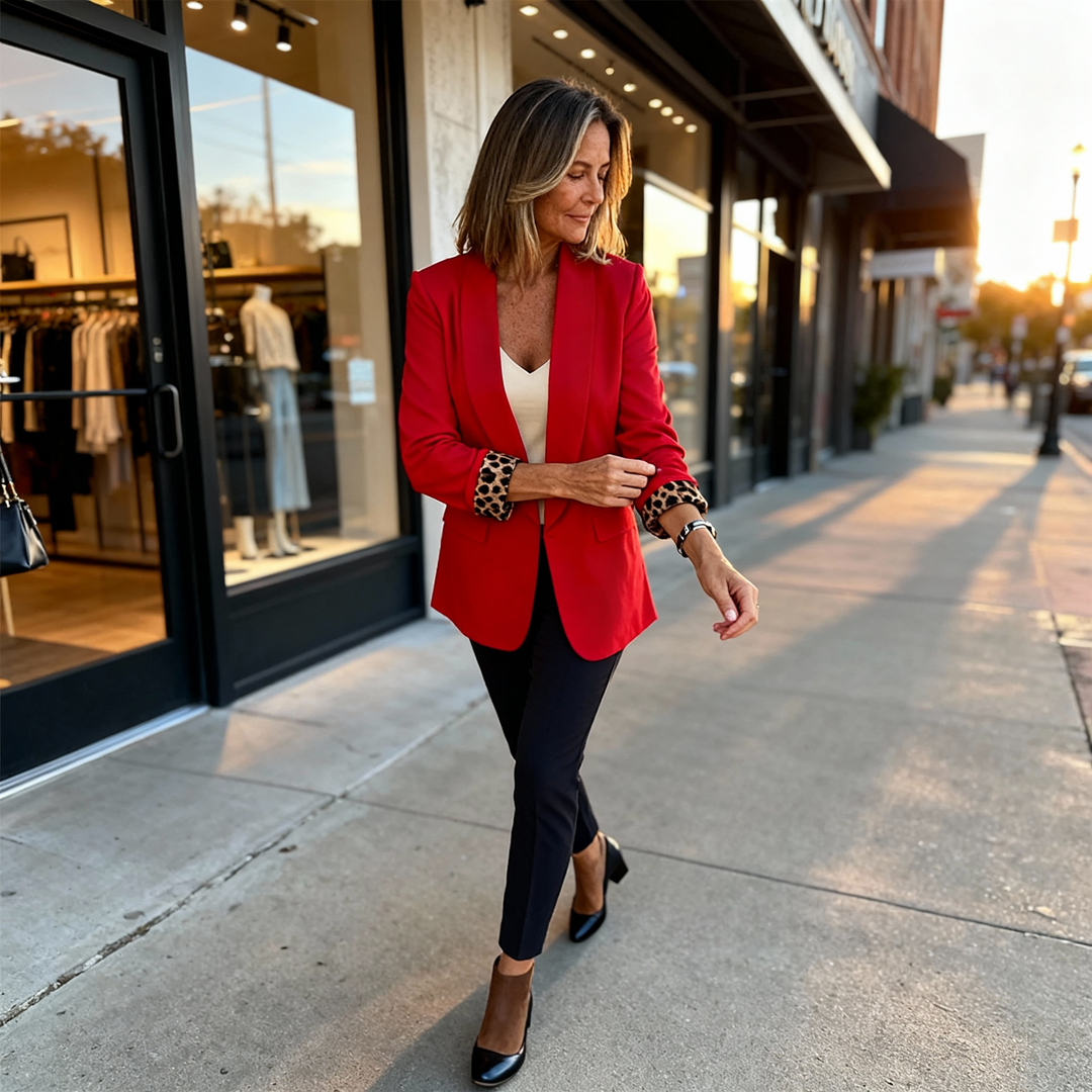 Woman on a pavement in a red blazer with leopard lined cuffs