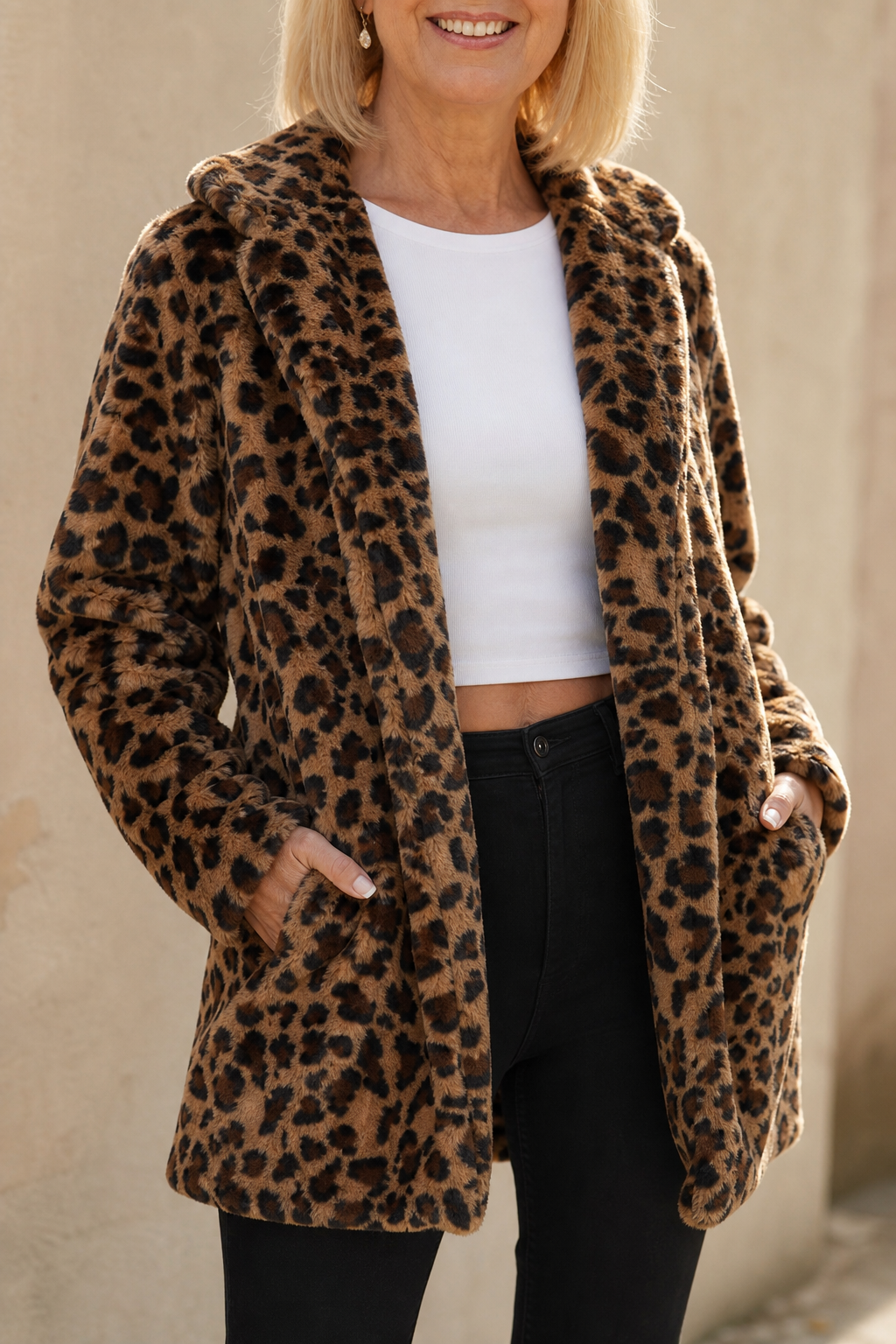 Leopard print faux fur coat worn open over a white top