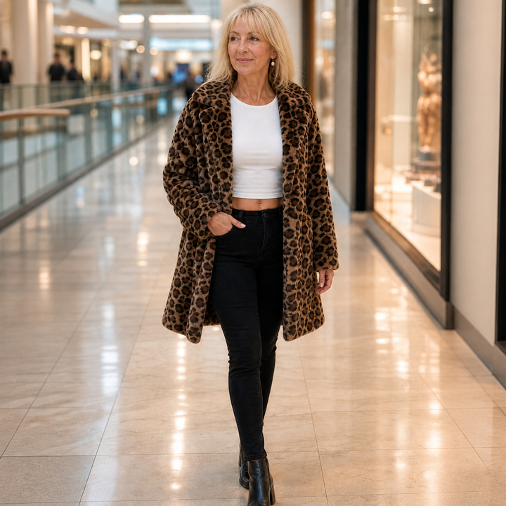 Woman walking through a mall in a leopard print faux fur coat