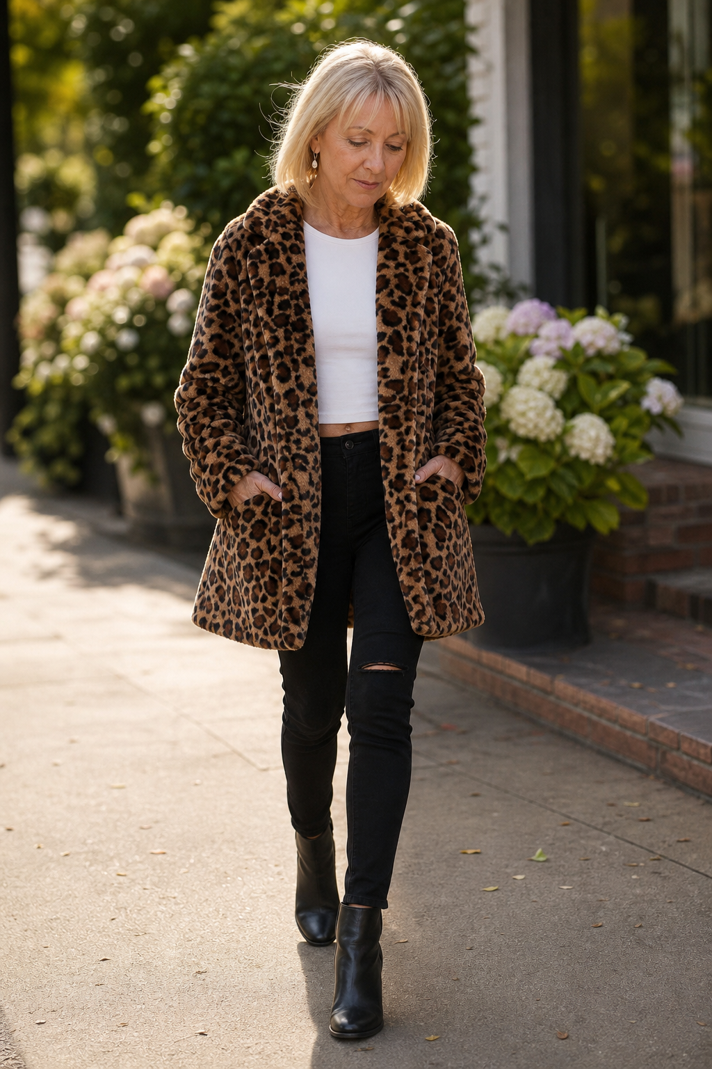 Leopard print faux fur coat worn with black jeans and boots