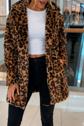 Brown leopard print faux fur longline coat with a shawl collar