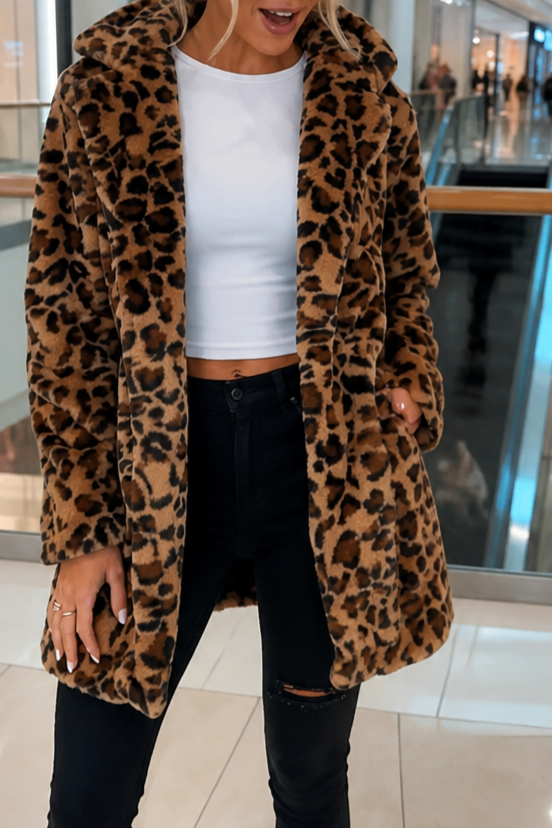 Brown leopard print faux fur longline coat with a shawl collar