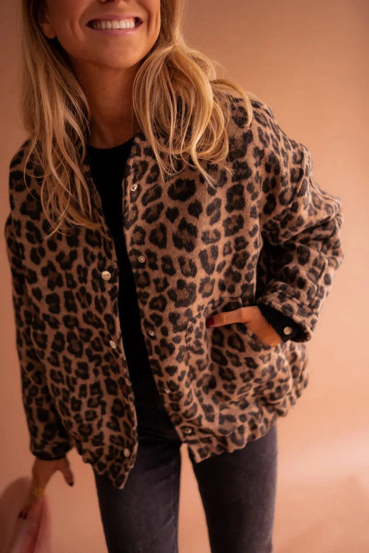 Leopard print snap-front bomber jacket with side pockets
