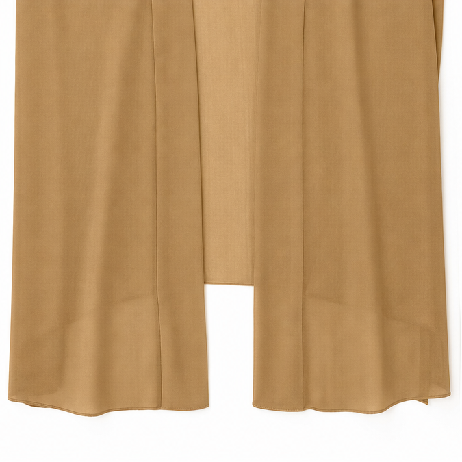 Camel chiffon open front cardigan laid flat to show the long line