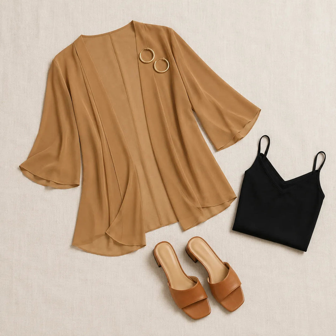 Flat lay of a camel chiffon cardigan with a black cami and mules