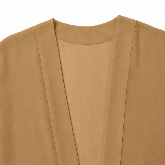 Open front neckline on a camel lightweight chiffon cardigan