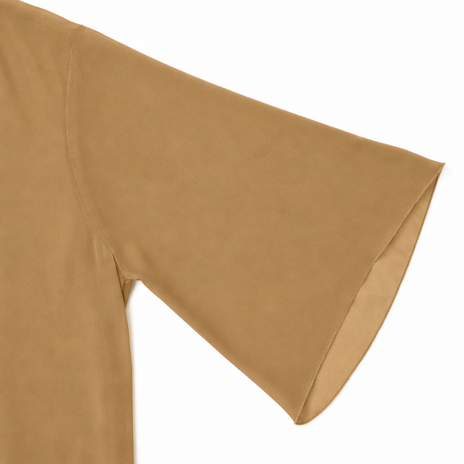 Wide flared sleeve on a camel chiffon open front cardigan