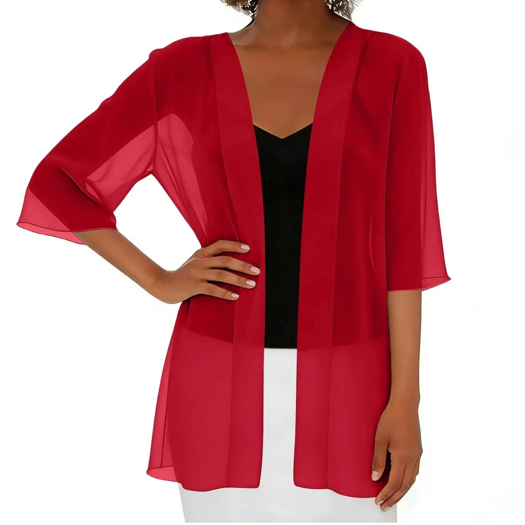Red lightweight chiffon open front cardigan with wide sleeves