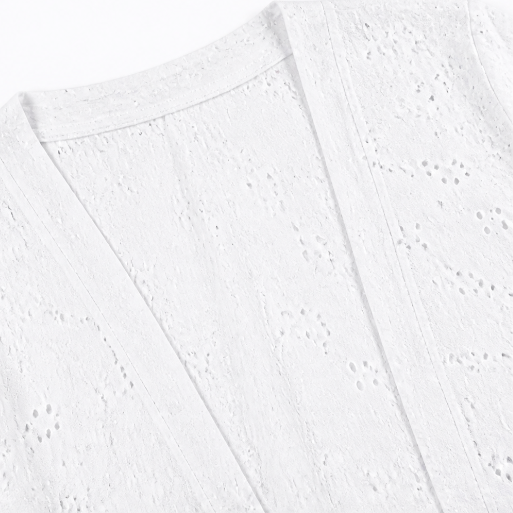Open front placket on a white eyelet cardigan