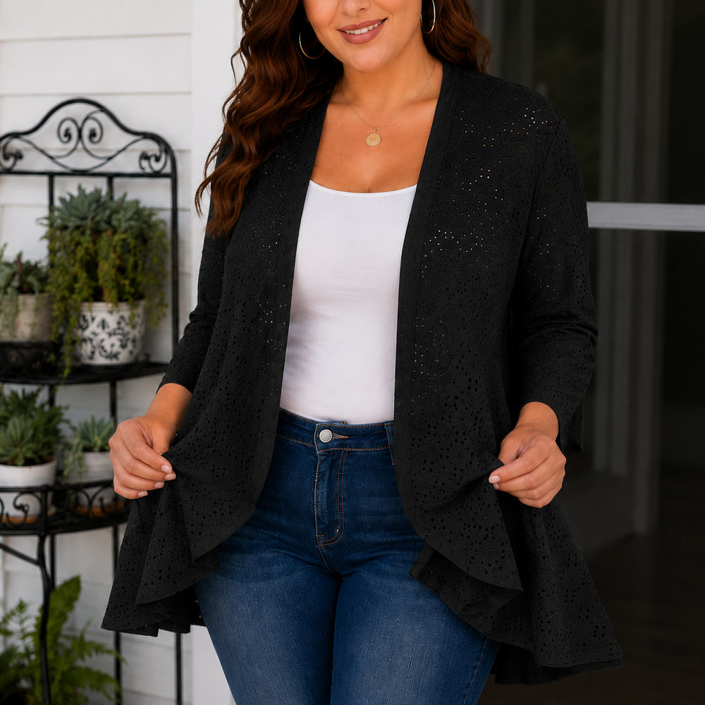 Black lightweight eyelet open front cardigan