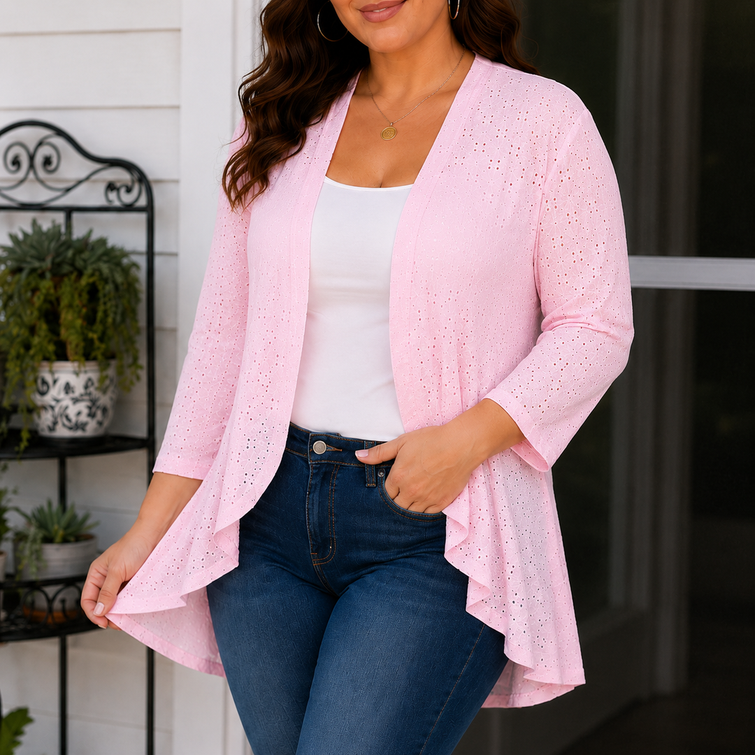 Bright pink lightweight eyelet open front cardigan