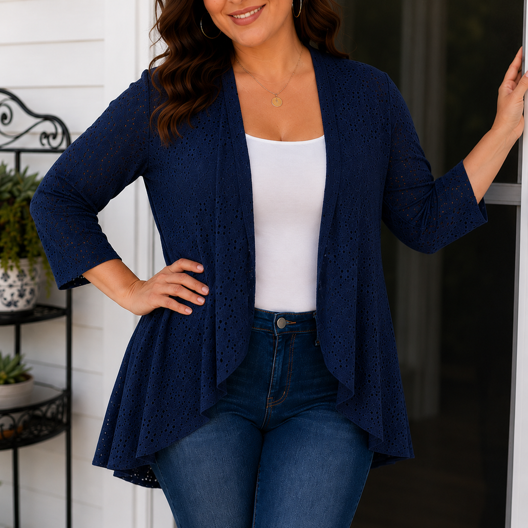 Navy lightweight eyelet open front cardigan with a draped hem