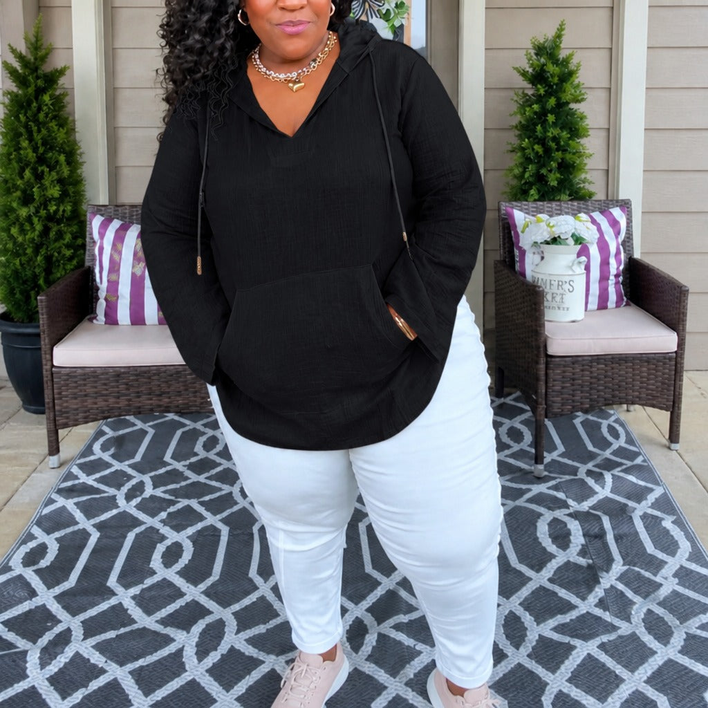 Black lightweight V neck hooded top with a kangaroo pocket