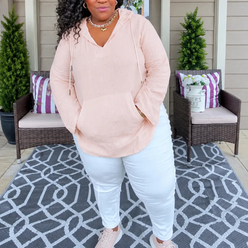 Blush pink lightweight V neck hooded top with a pouch pocket
