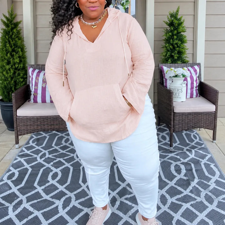 Blush pink lightweight V neck hooded top with a pouch pocket