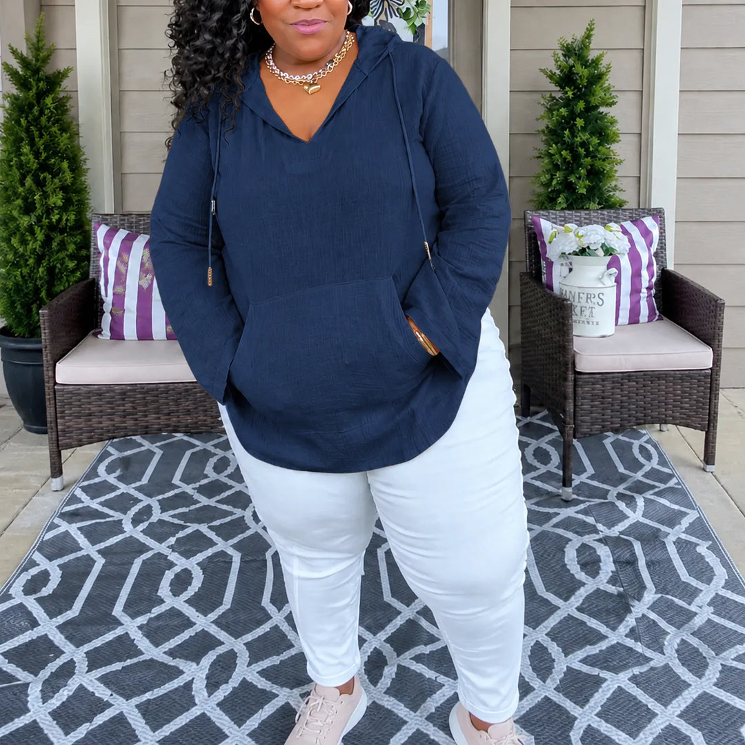 Navy lightweight V neck hooded top with drawstrings