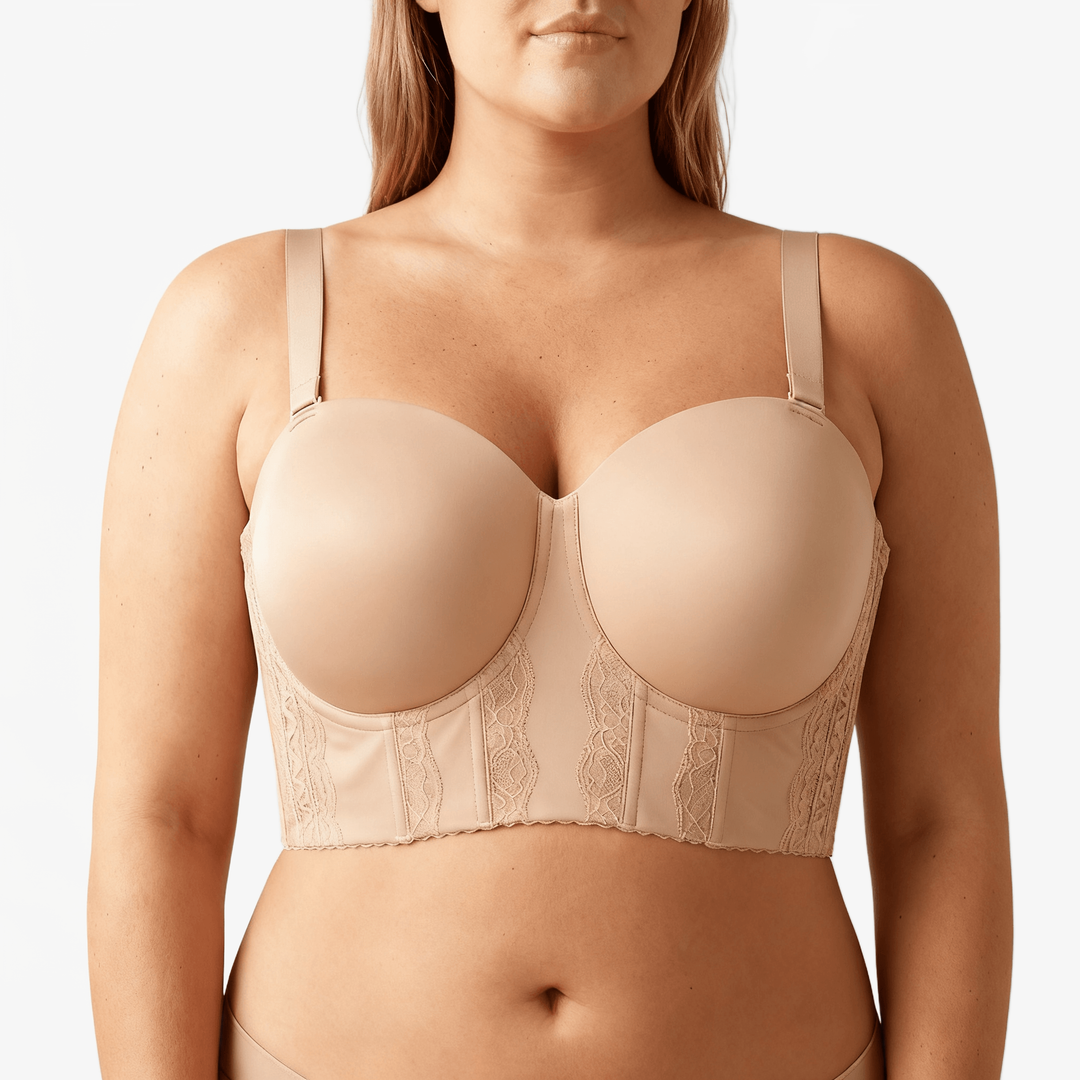 Beige longline bra with moulded cups and a lace-trimmed wide band