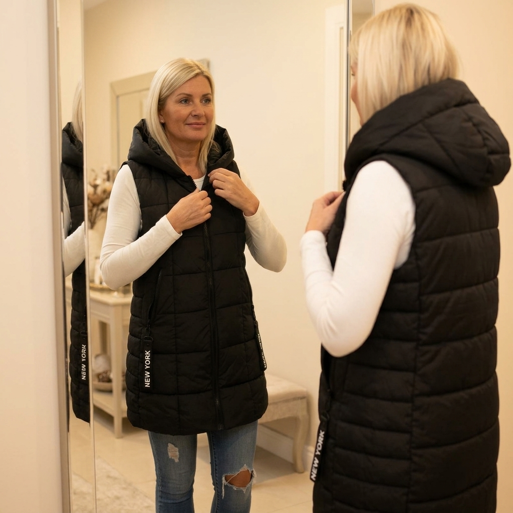 Black long quilted puffer vest seen front and back in a mirror