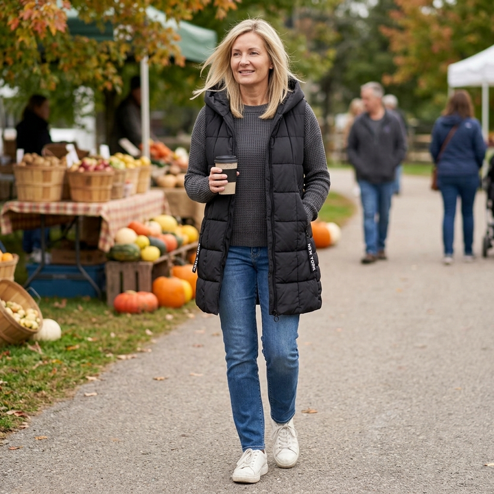 Woman at an autumn market in a black long quilted puffer vest