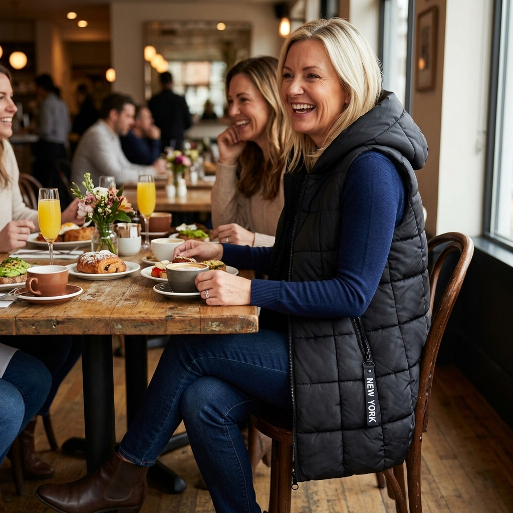 Women at a restaurant table, one in a black quilted puffer vest