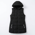 Black long quilted hooded puffer vest with zip pockets
