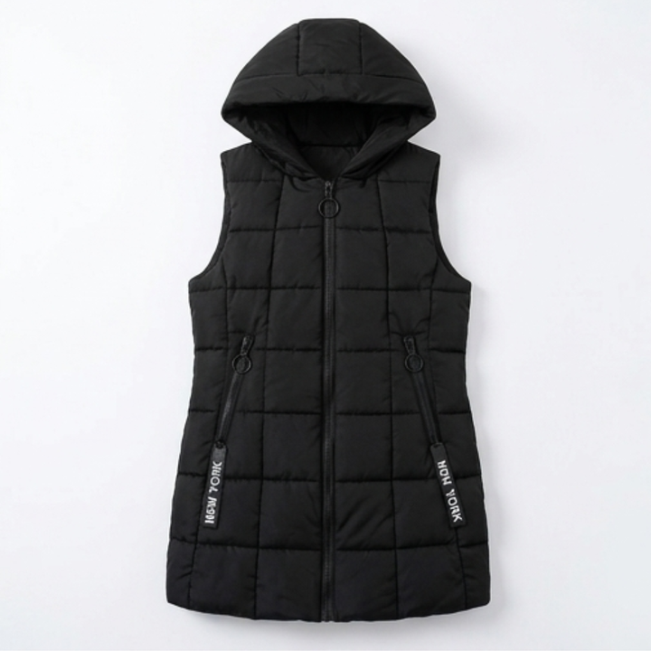 Black long quilted hooded puffer vest with zip pockets