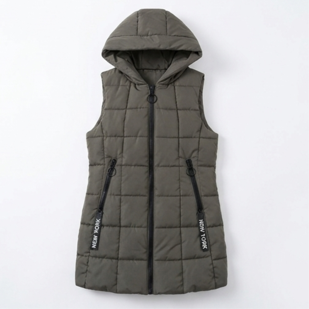Khaki green long quilted hooded puffer vest