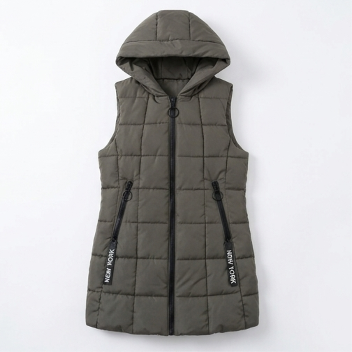Khaki green long quilted hooded puffer vest
