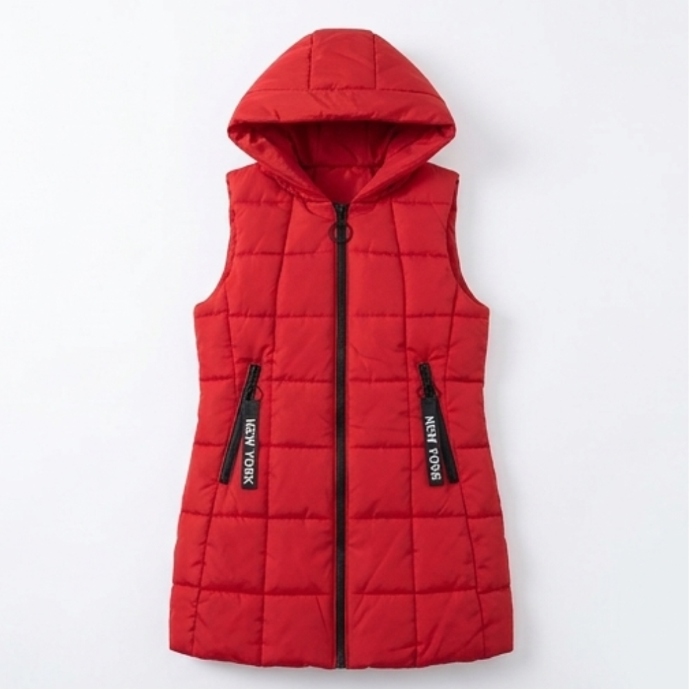 Red long quilted hooded puffer vest with a full length zip