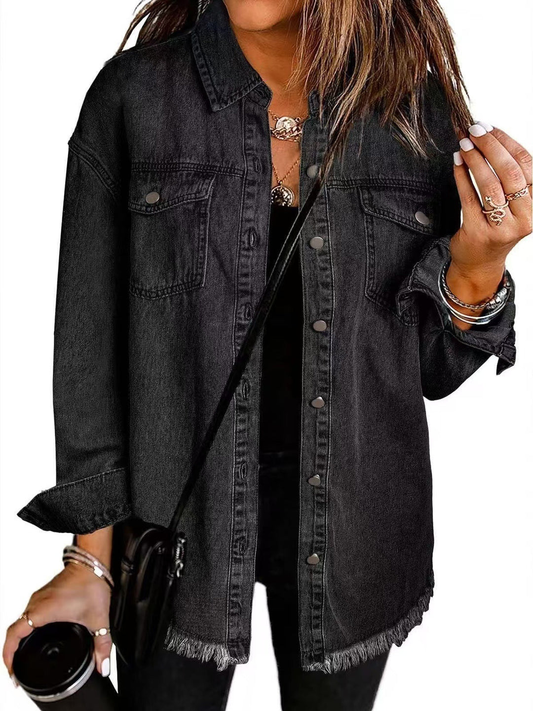 Washed black longline denim jacket with a frayed hem