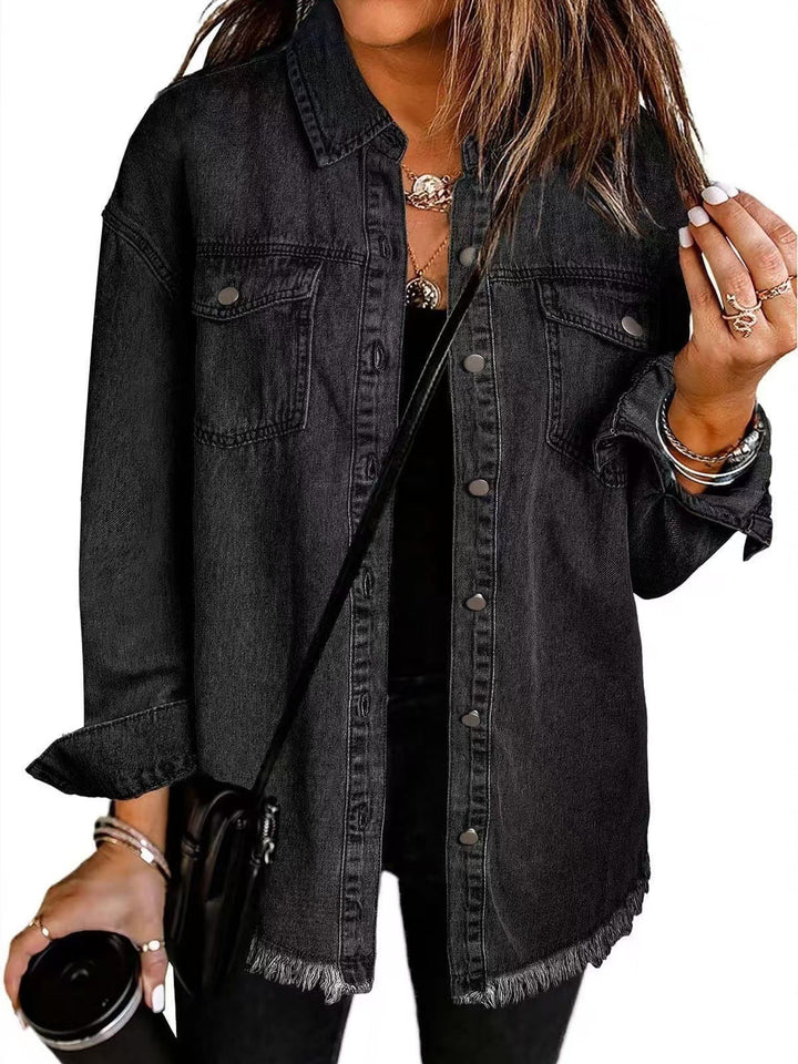 Washed black longline denim jacket with a frayed hem