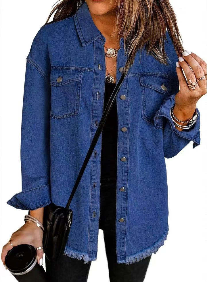 Bright blue longline denim jacket with a frayed hem