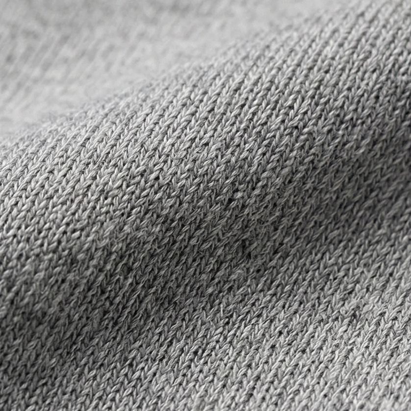 Close up of the soft grey knitted fabric of the longline hooded cardigan jacket
