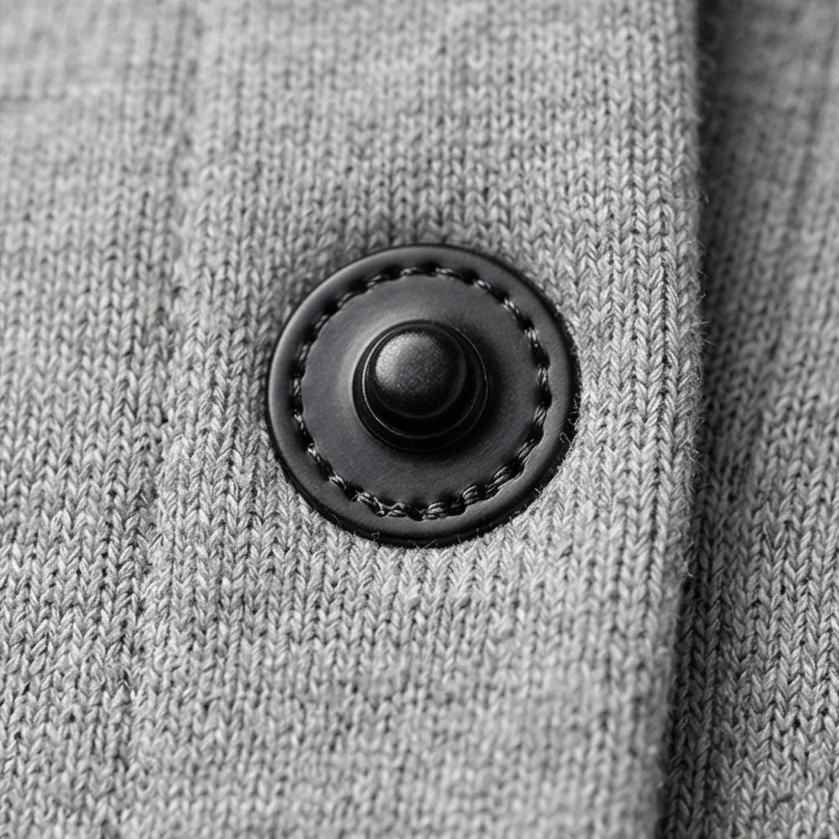 Close up of a black stitched button on grey knit cardigan fabric