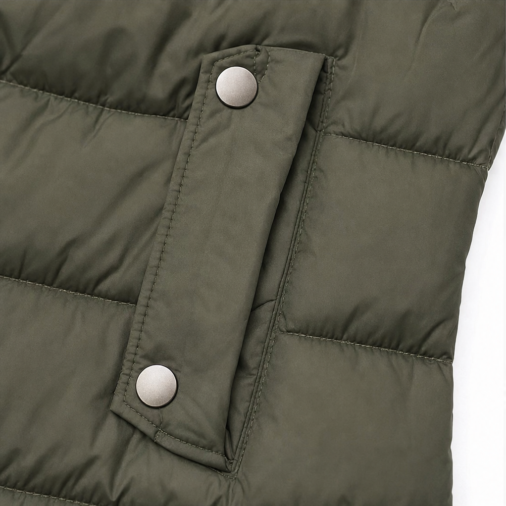 Press stud side vent on an olive longline quilted vest