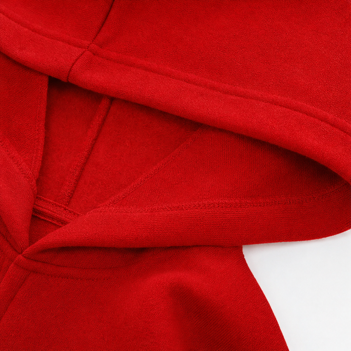 Folded hood on a red longline zip front coat