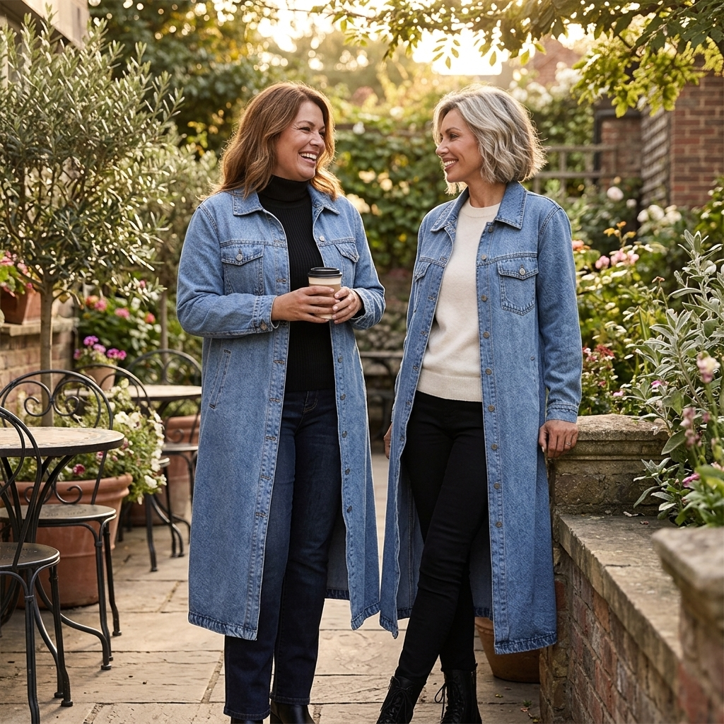 Two women in longline denim coats in a garden courtyard