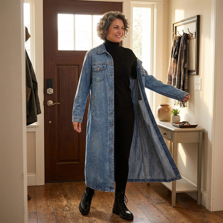 Longline denim coat worn indoors with a black turtleneck and boots