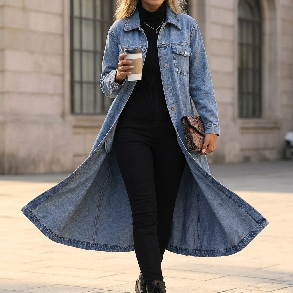 Longline denim coat with a coffee cup on a city pavement