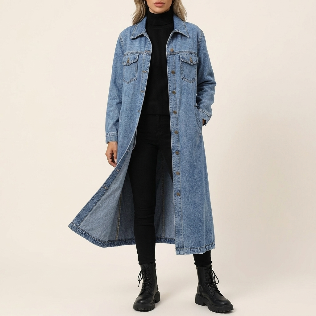 Light wash longline oversized denim coat worn with black jeans