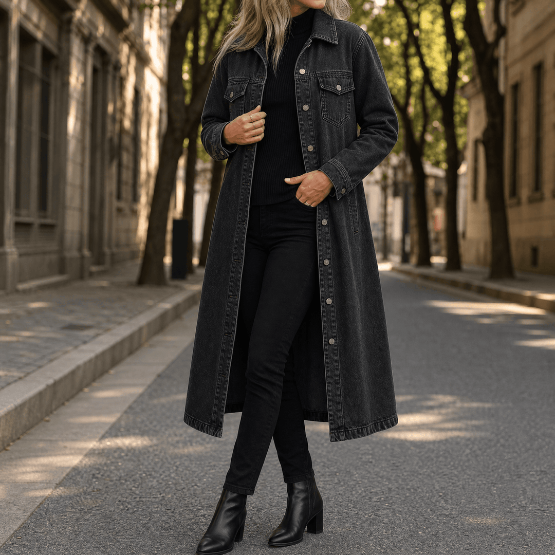 Washed black longline oversized denim coat with a collar