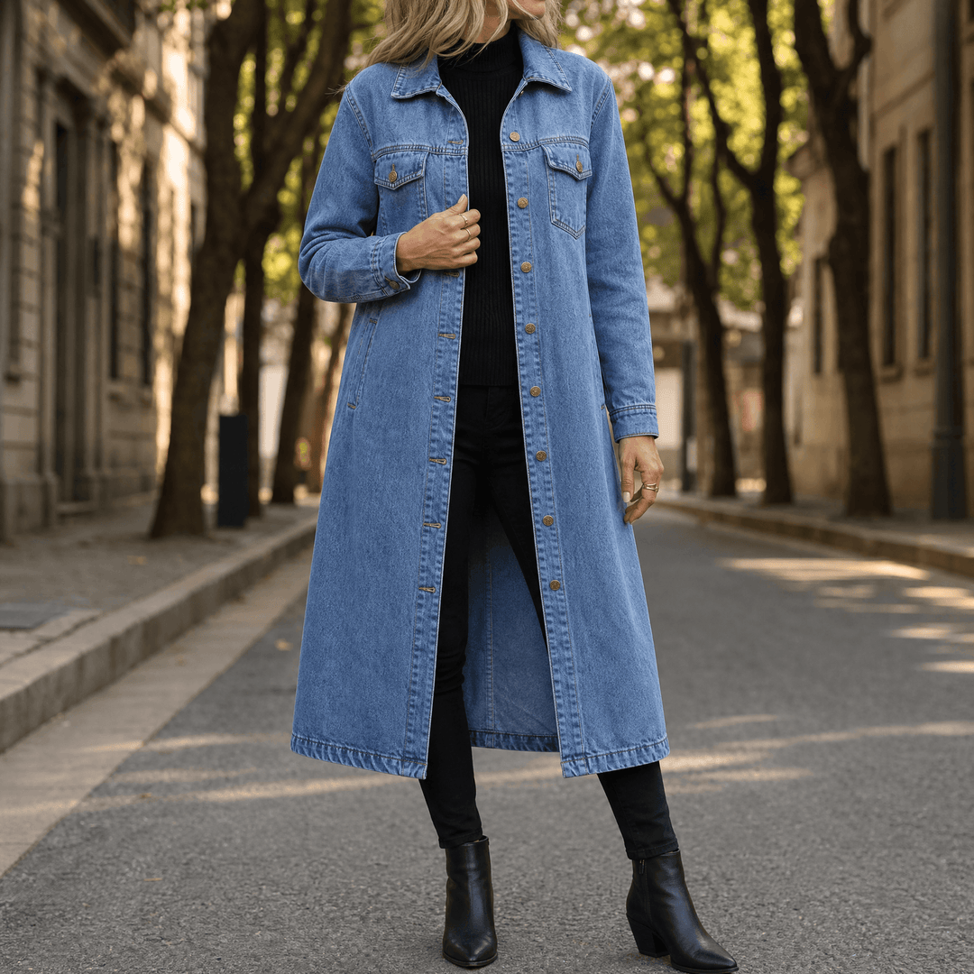 Light wash longline oversized denim coat with chest pockets
