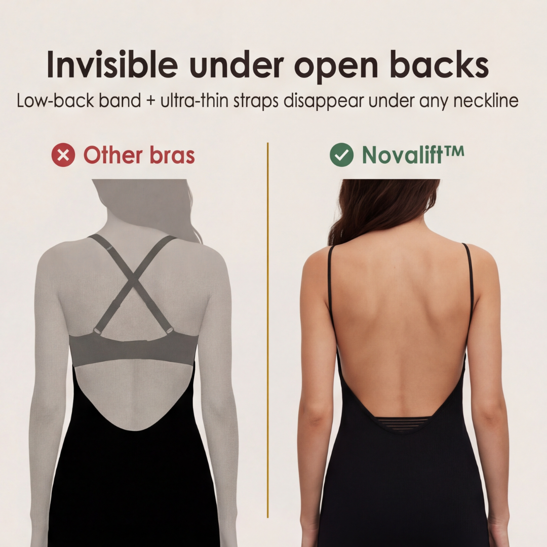 Feature panel comparing bra straps under an open-back dress